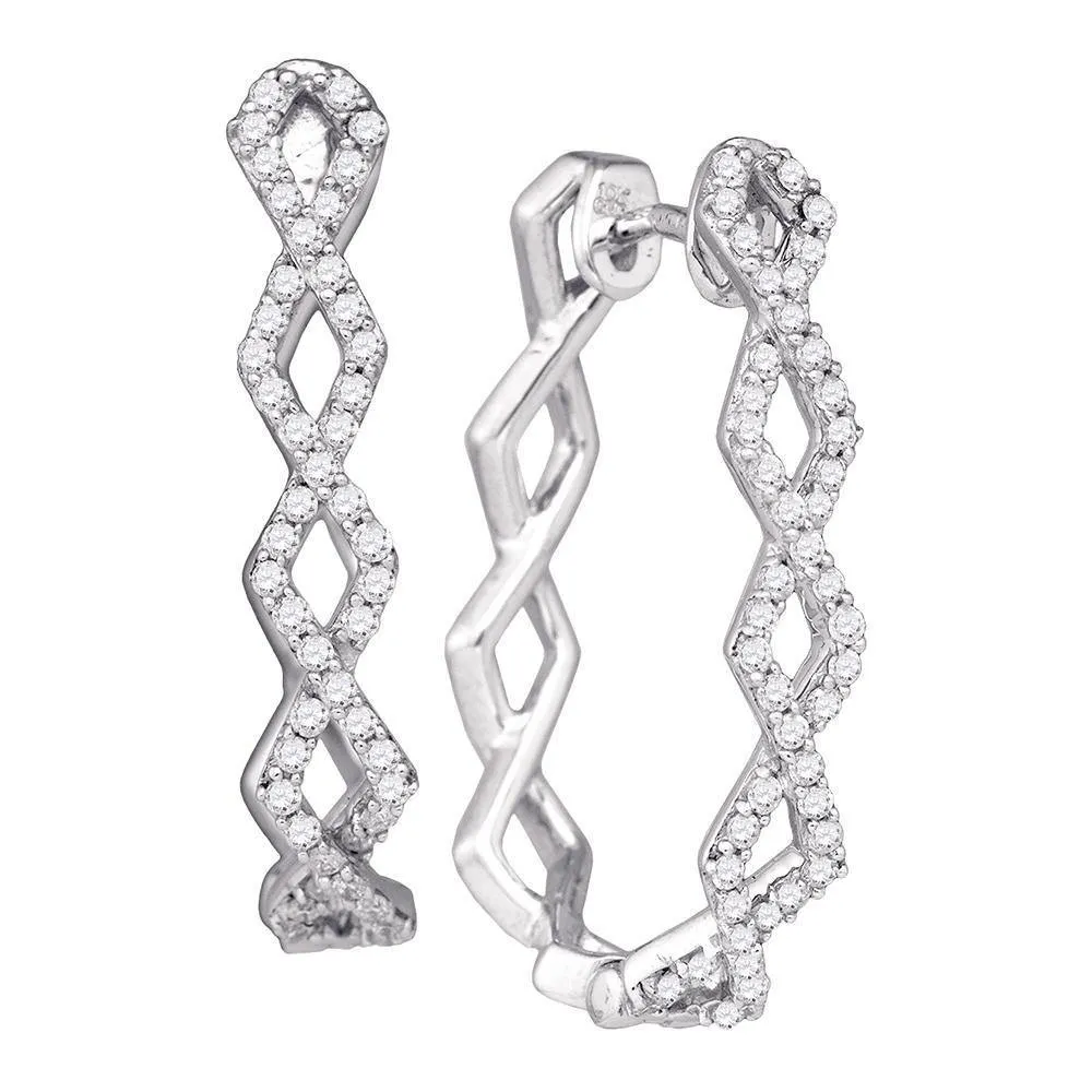 10k White Gold Round Diamond Symmetric Box-weave Woven Hoop Earrings 1/2 Cttw