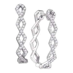 10k White Gold Round Diamond Symmetric Box-weave Woven Hoop Earrings 1/2 Cttw