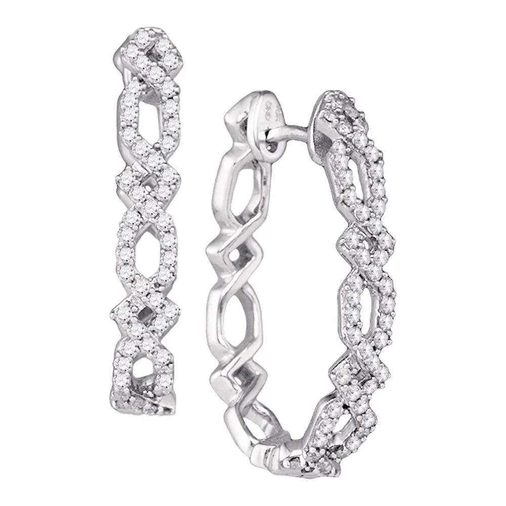 10k White Gold Round Diamond Symmetric Woven Interweaving Hoop Earrings 1/2 Cttw