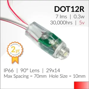 12mm Push-through RED | IP66 | 0.3w | 5v | 24Lm/w