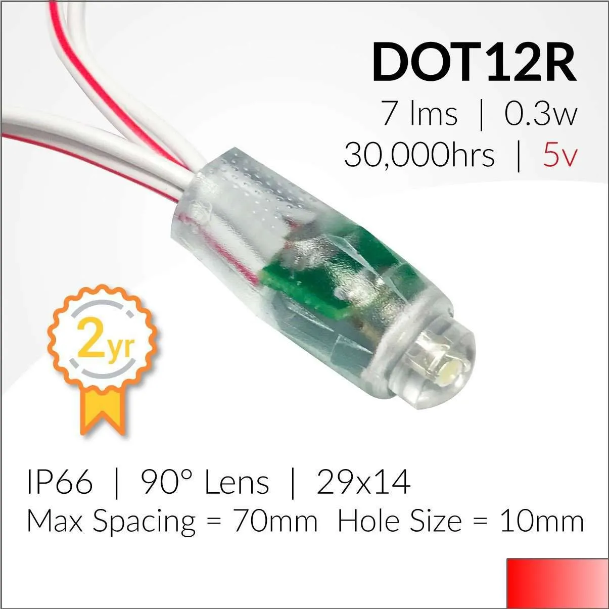 12mm Push-through RED | IP66 | 0.3w | 5v | 24Lm/w