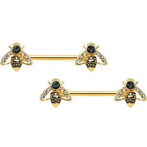 14 Gauge 9/16 Clear Black Gem Gold Tone Angular Bee Nipple Ring Set