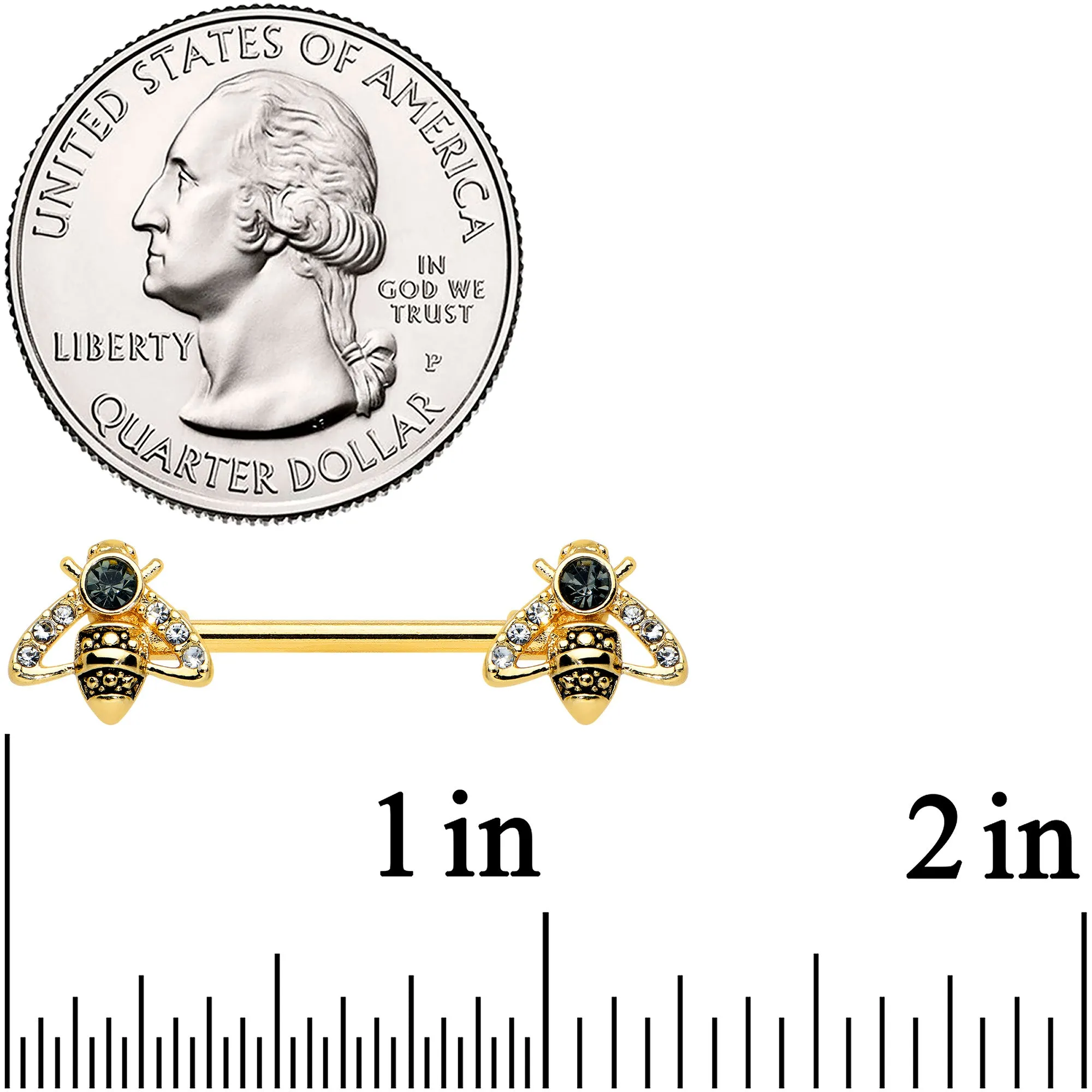 14 Gauge 9/16 Clear Black Gem Gold Tone Angular Bee Nipple Ring Set