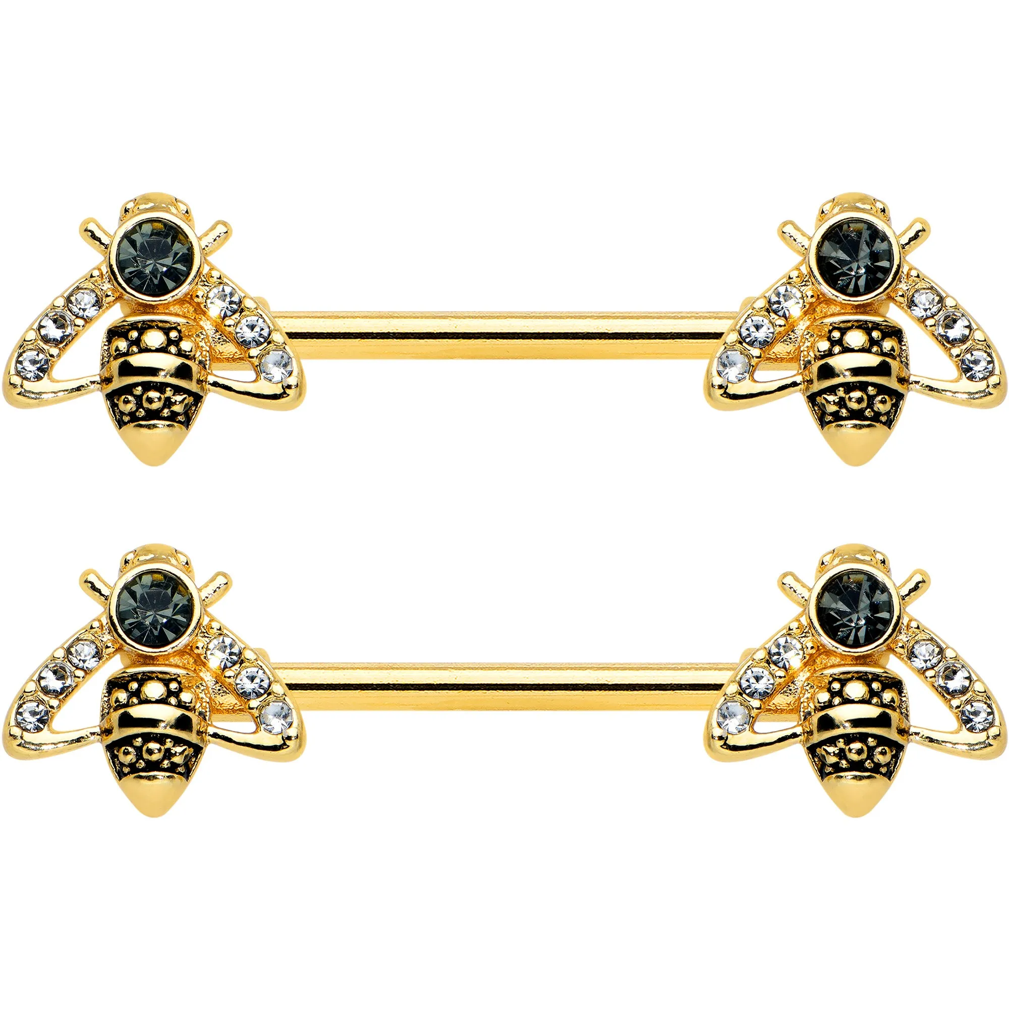 14 Gauge 9/16 Clear Black Gem Gold Tone Angular Bee Nipple Ring Set