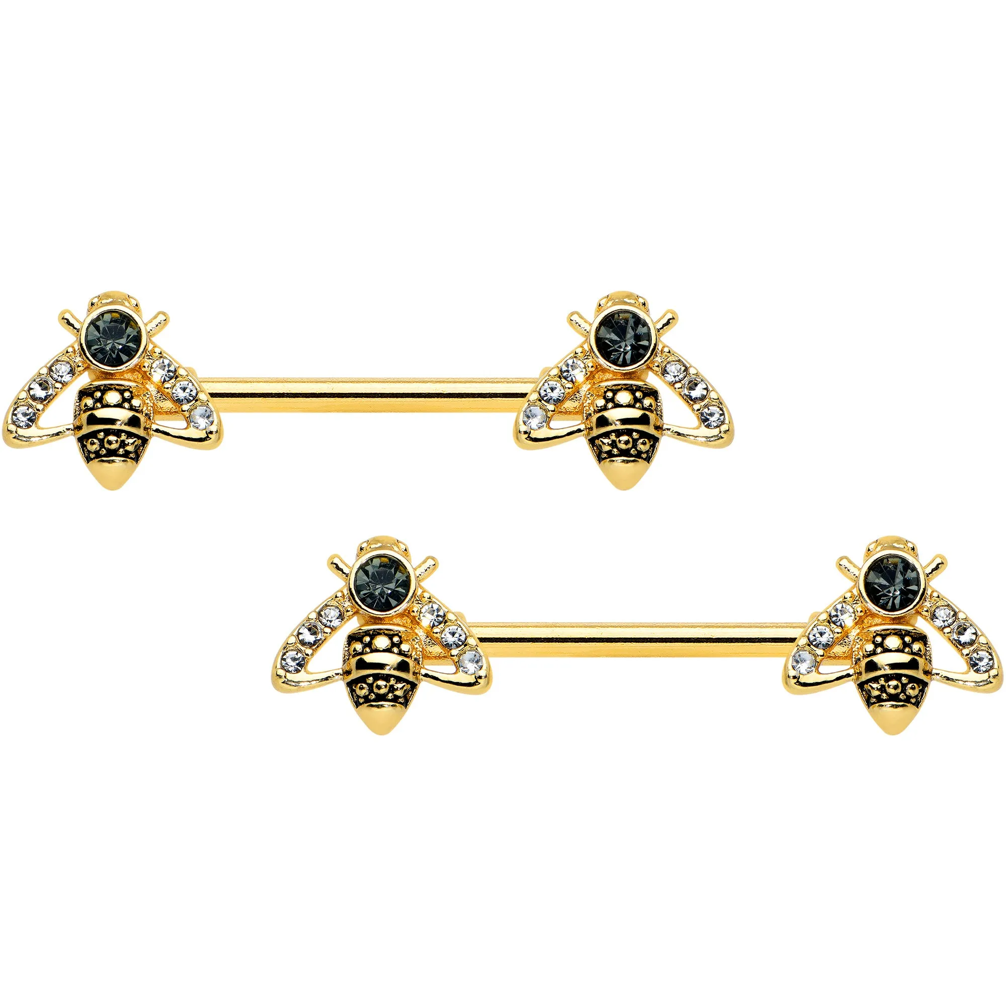 14 Gauge 9/16 Clear Black Gem Gold Tone Angular Bee Nipple Ring Set