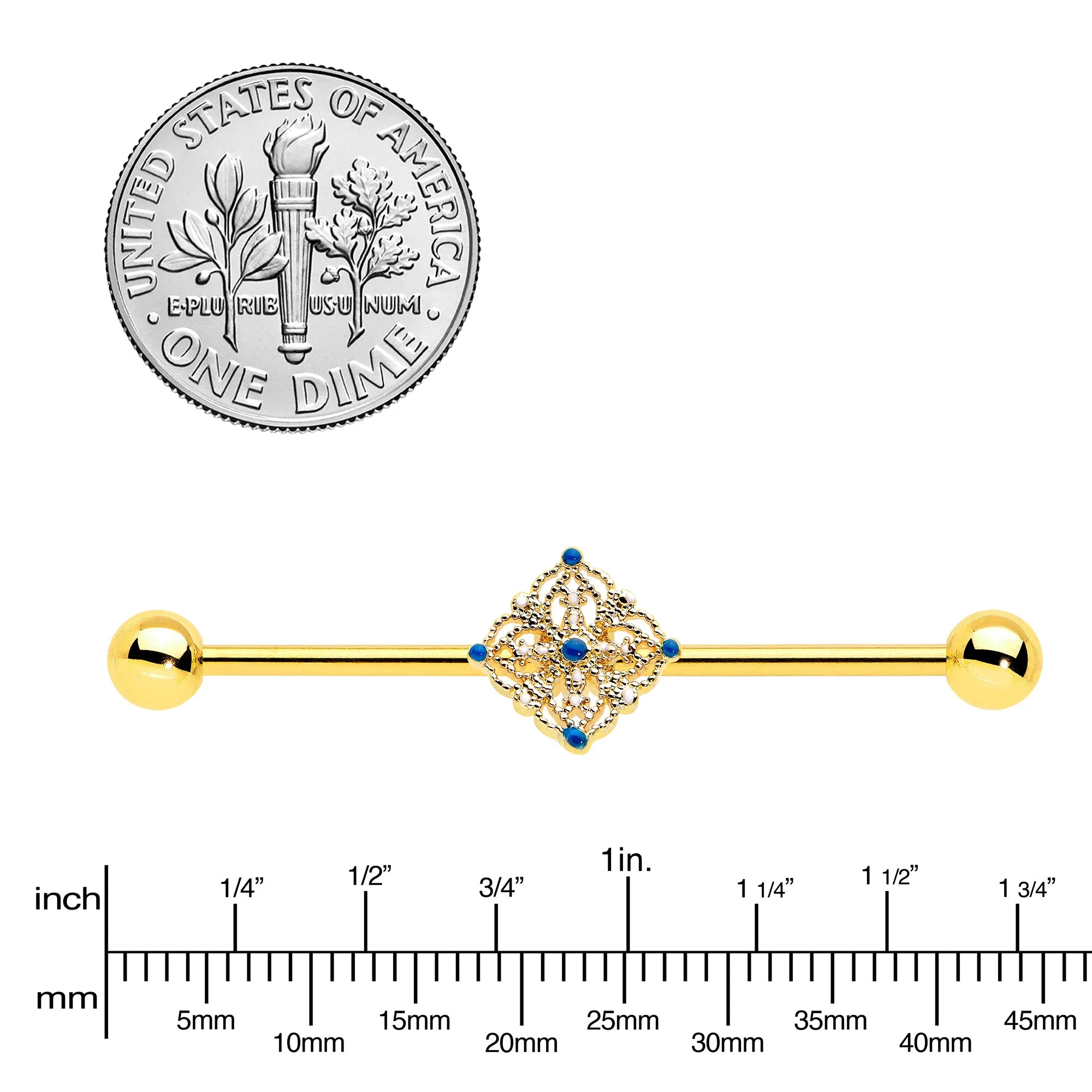 14 Gauge Blue Gem Gold Tone Texture Emblem Industrial Barbell 38mm