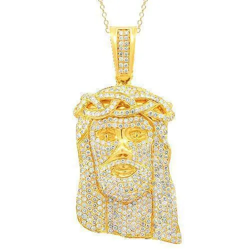 14K Solid Yellow Gold Mens Custom Diamond Jesus Head Pendant 25.00 Ctw