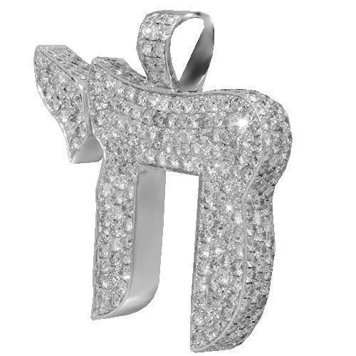 14K White Solid Gold Mens Diamond Chai Pendant 12.50 Ctw