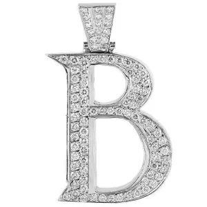 14K White Solid Gold Mens Diamond Large Letter B Initial Pendant 7.00 Ctw