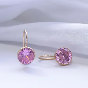14K Yellow Gold Round Pink Cubic Zirconia 8mm Dangle Earrings