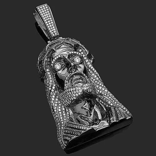 14K Yellow Solid Gold Mens Diamond Jesus Head Pendant with Red Diamonds 11.50 Ctw