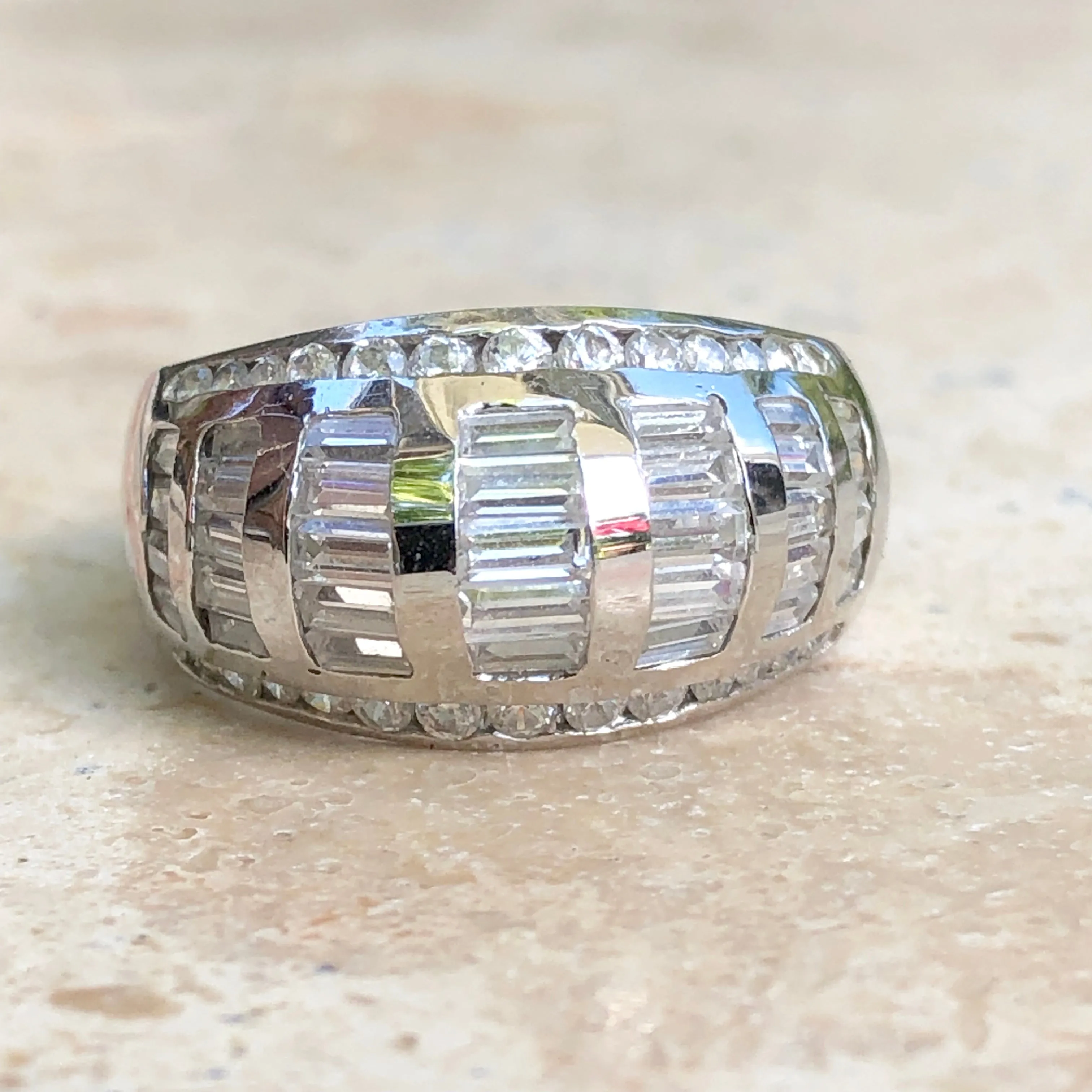 14KT White Gold Baguette   Round CZ Domed Cigar Band Ring