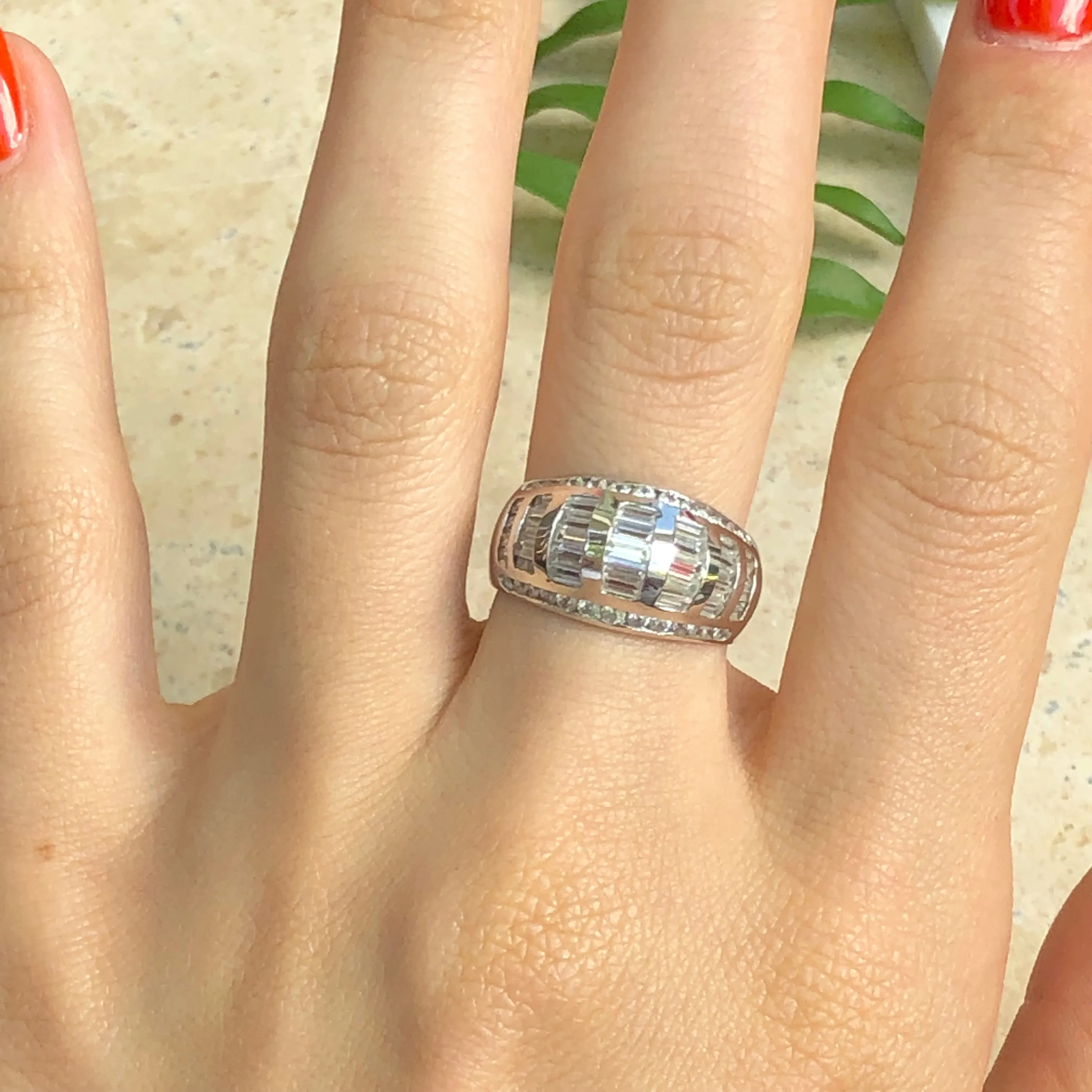 14KT White Gold Baguette   Round CZ Domed Cigar Band Ring
