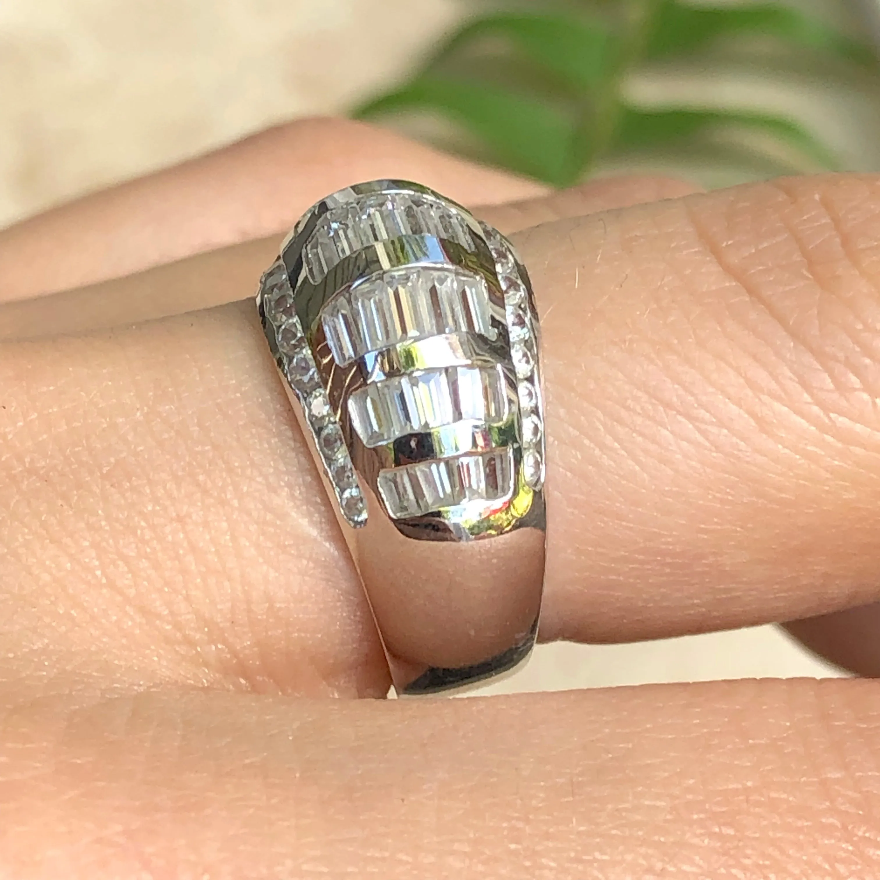 14KT White Gold Baguette   Round CZ Domed Cigar Band Ring