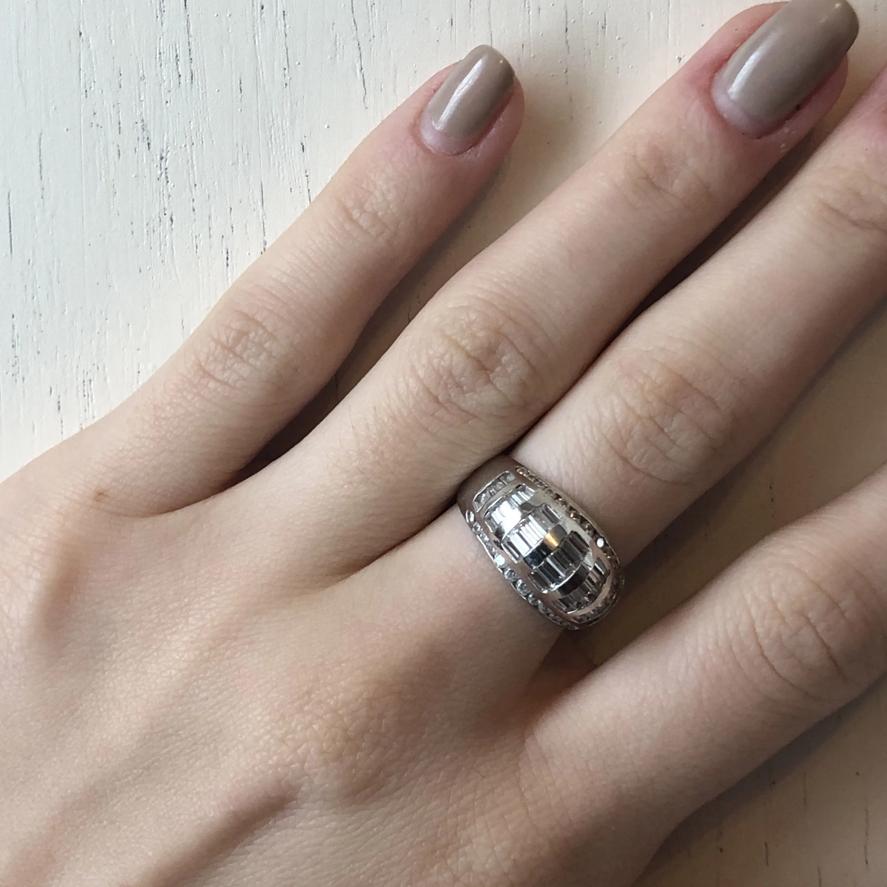 14KT White Gold Baguette   Round CZ Domed Cigar Band Ring