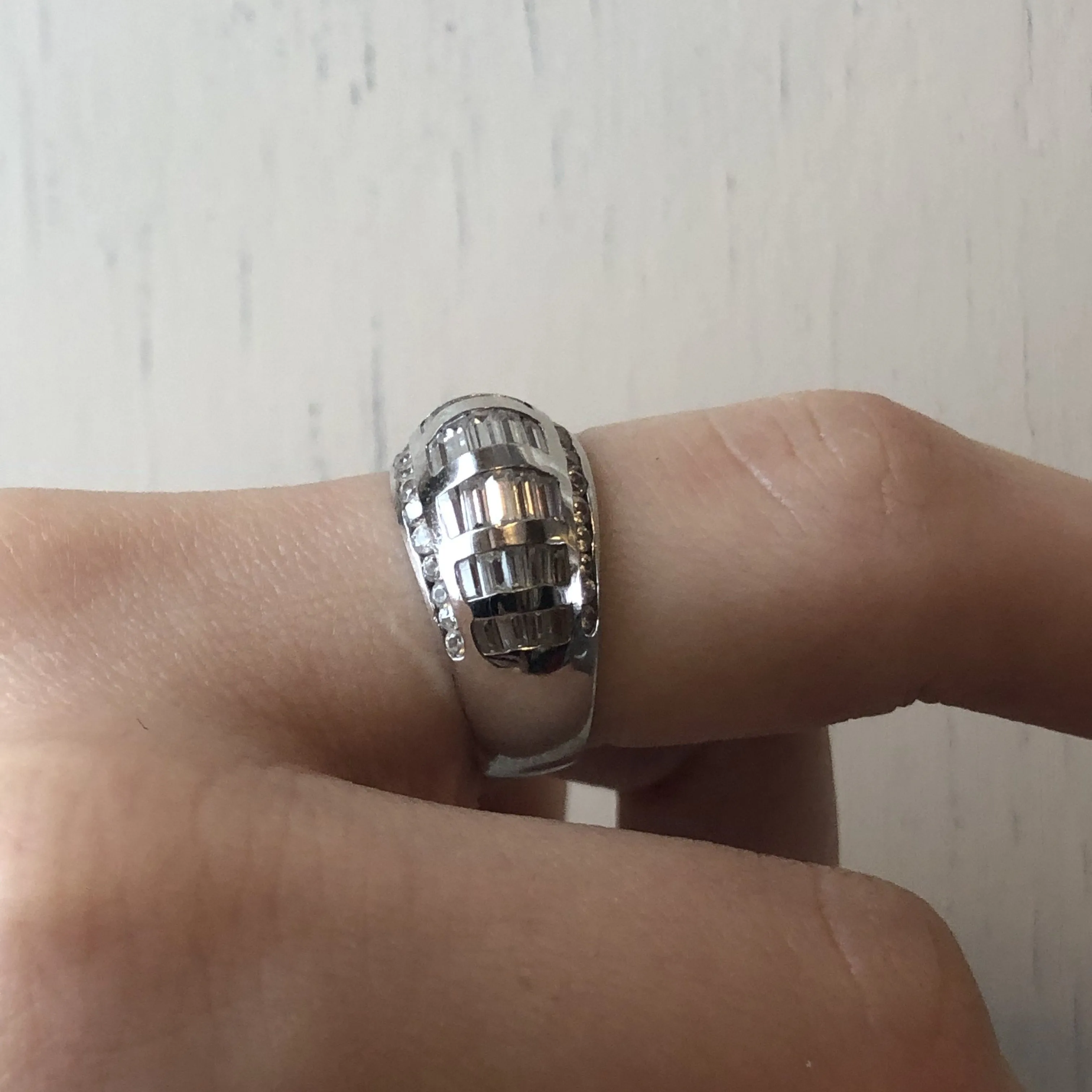14KT White Gold Baguette   Round CZ Domed Cigar Band Ring