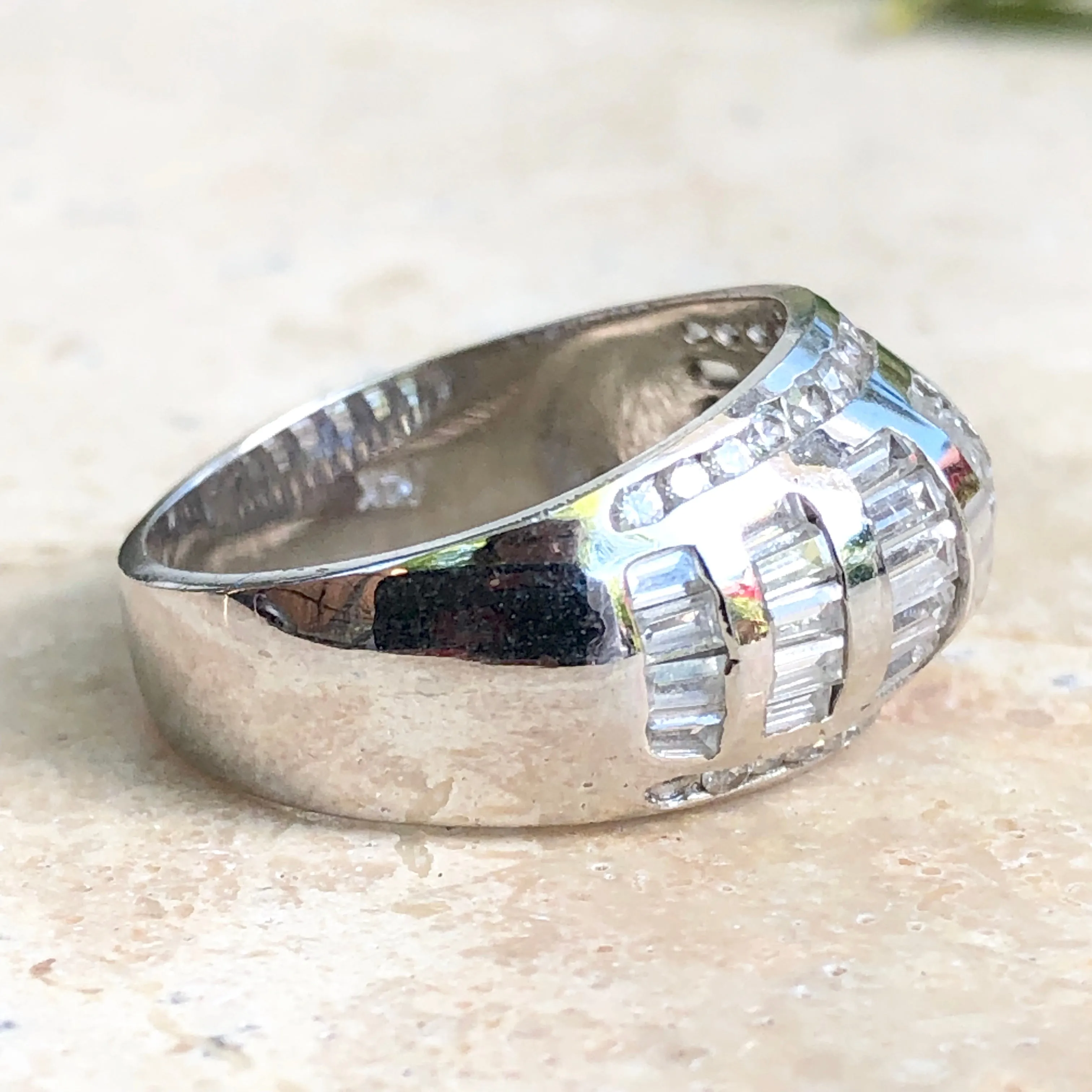 14KT White Gold Baguette   Round CZ Domed Cigar Band Ring