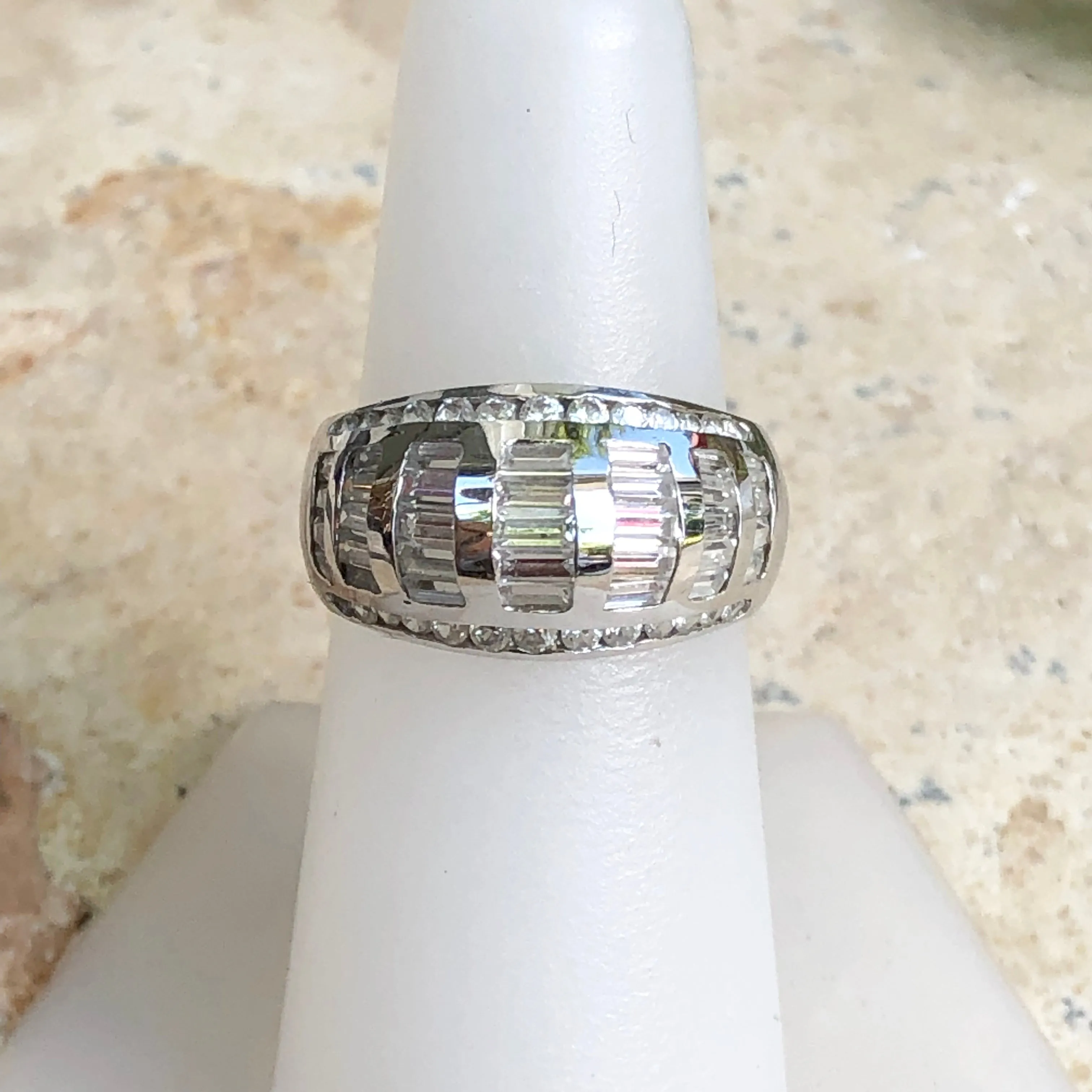 14KT White Gold Baguette   Round CZ Domed Cigar Band Ring