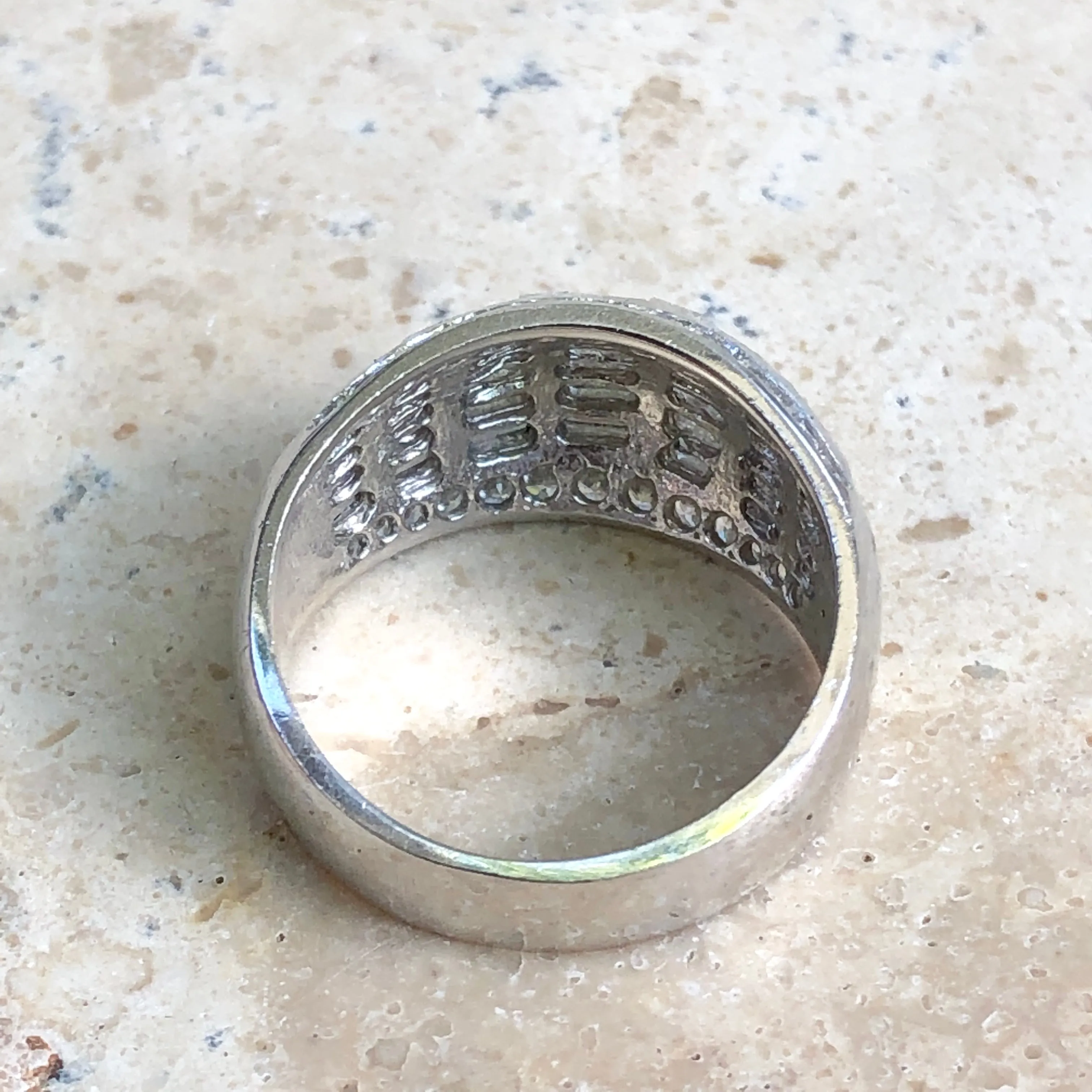 14KT White Gold Baguette   Round CZ Domed Cigar Band Ring