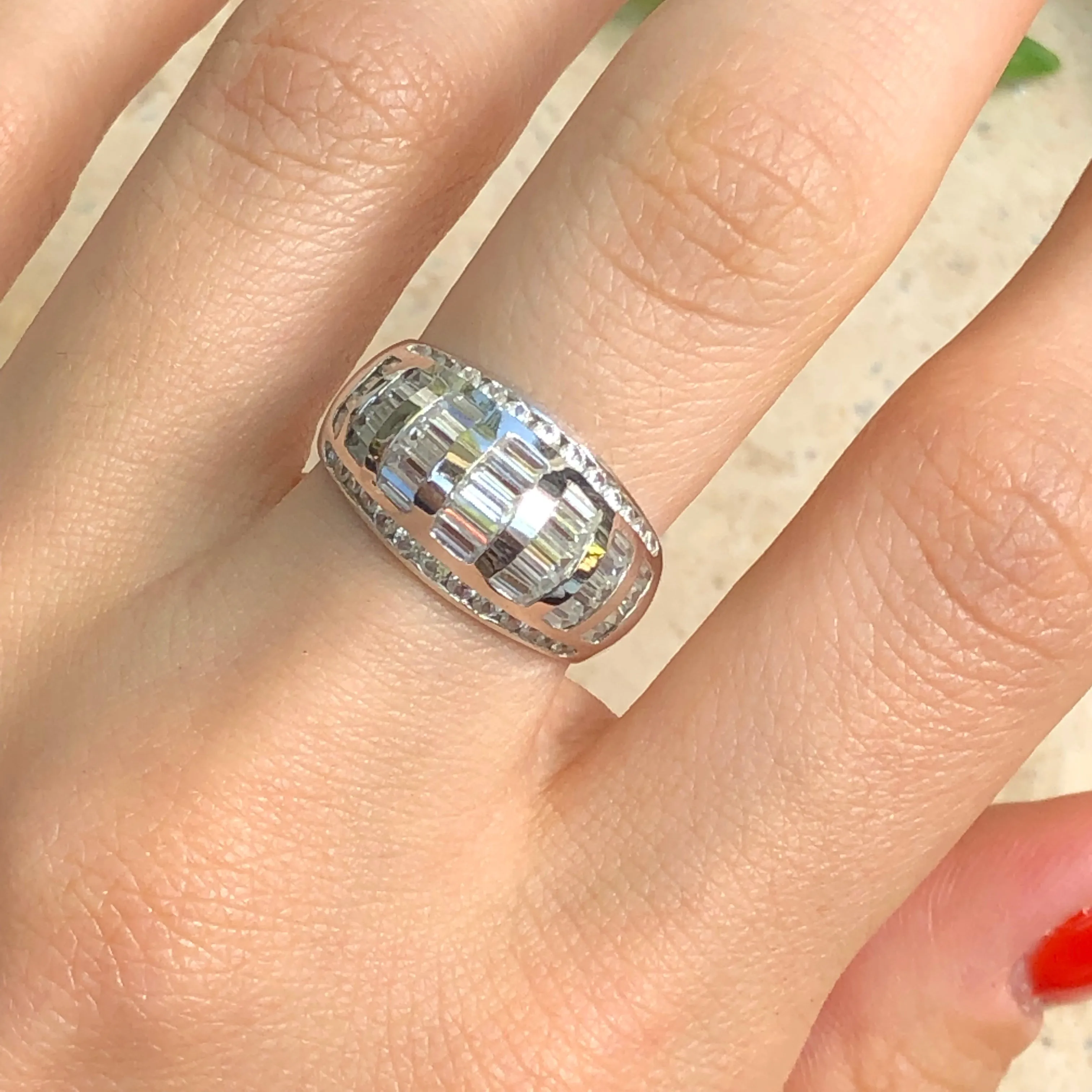 14KT White Gold Baguette   Round CZ Domed Cigar Band Ring