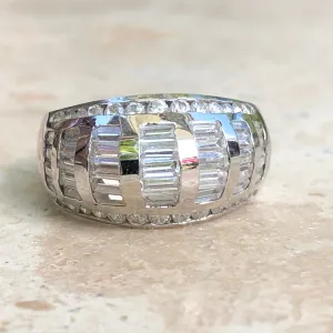 14KT White Gold Baguette   Round CZ Domed Cigar Band Ring