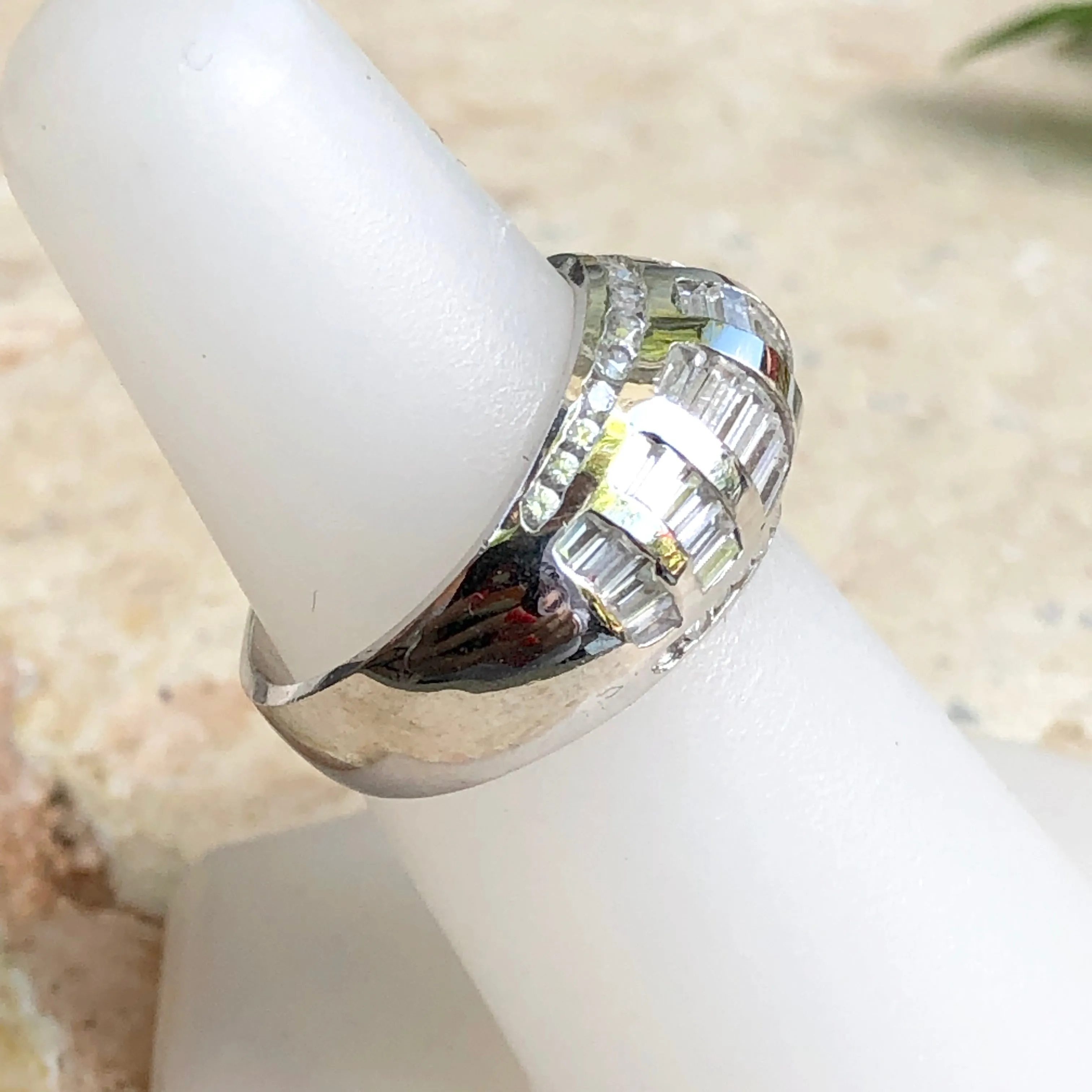 14KT White Gold Baguette   Round CZ Domed Cigar Band Ring