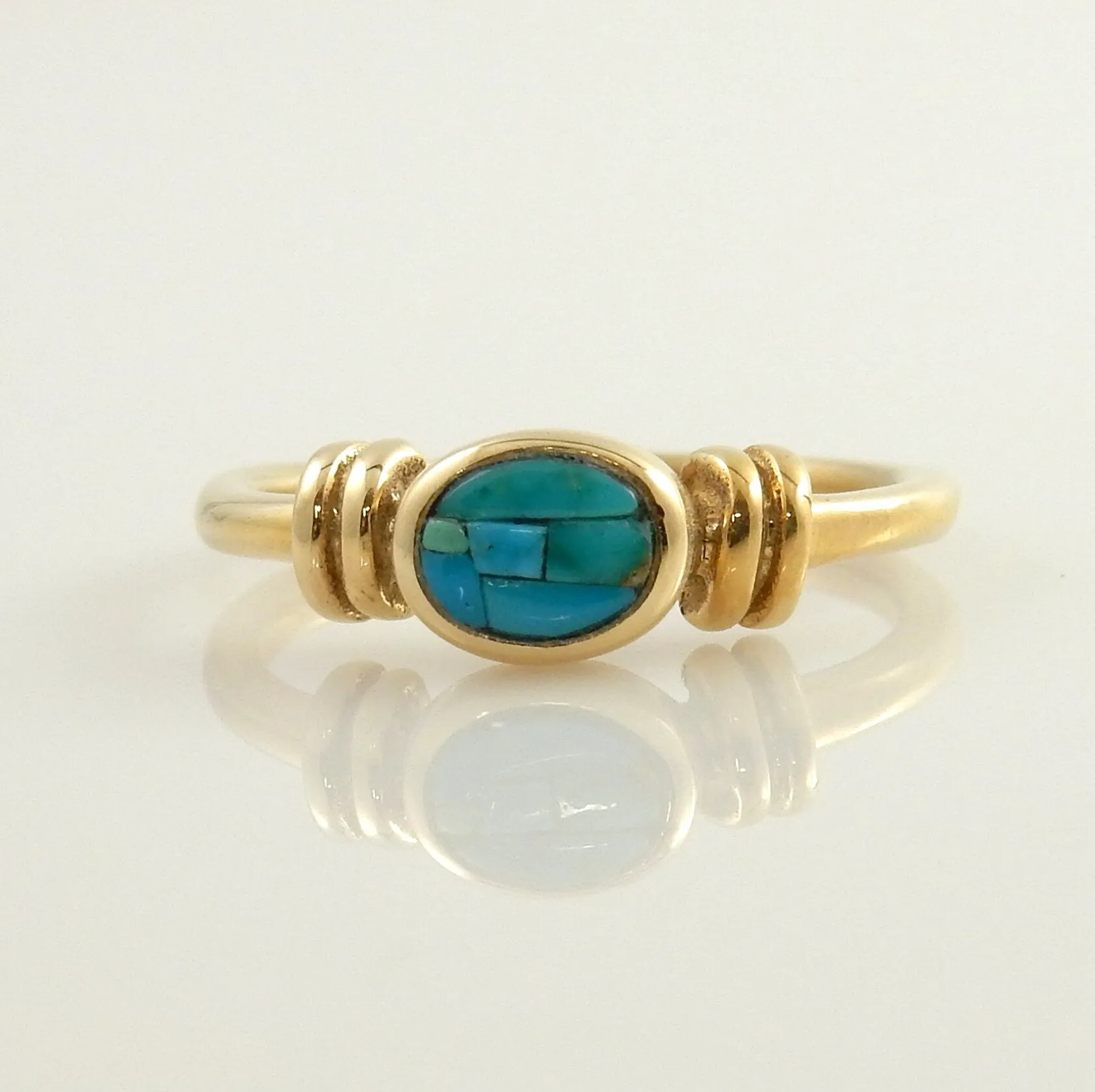 14kt Yellow Gold Blue Turquoise Inlay Ring Size 8