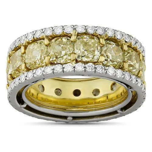 18k Yellow Gold & Platinum Fancy Yellow Cushion Cut Diamond Eternity Band 12.47 Ctw
