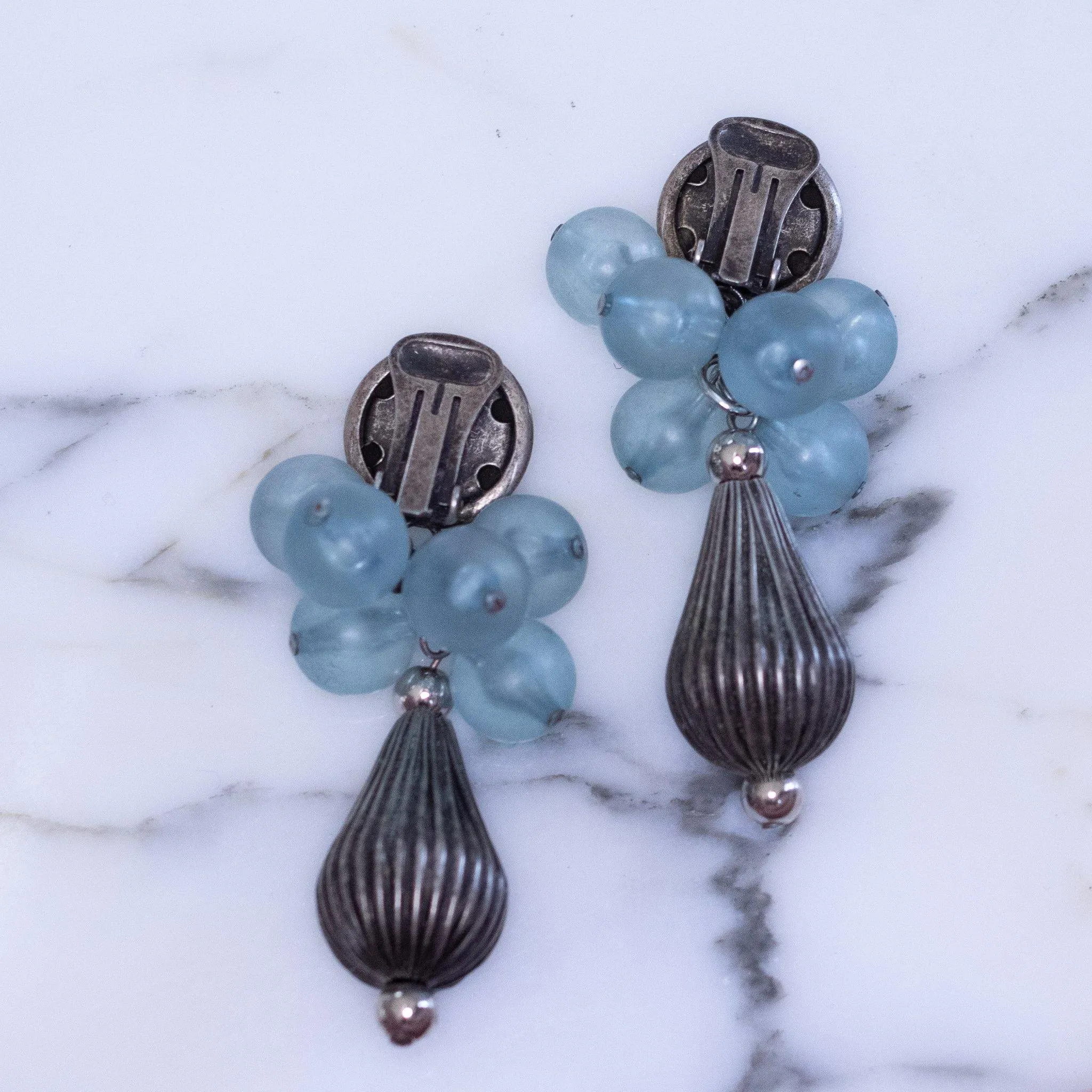 1980's Blue and Silver Dangling Earrings