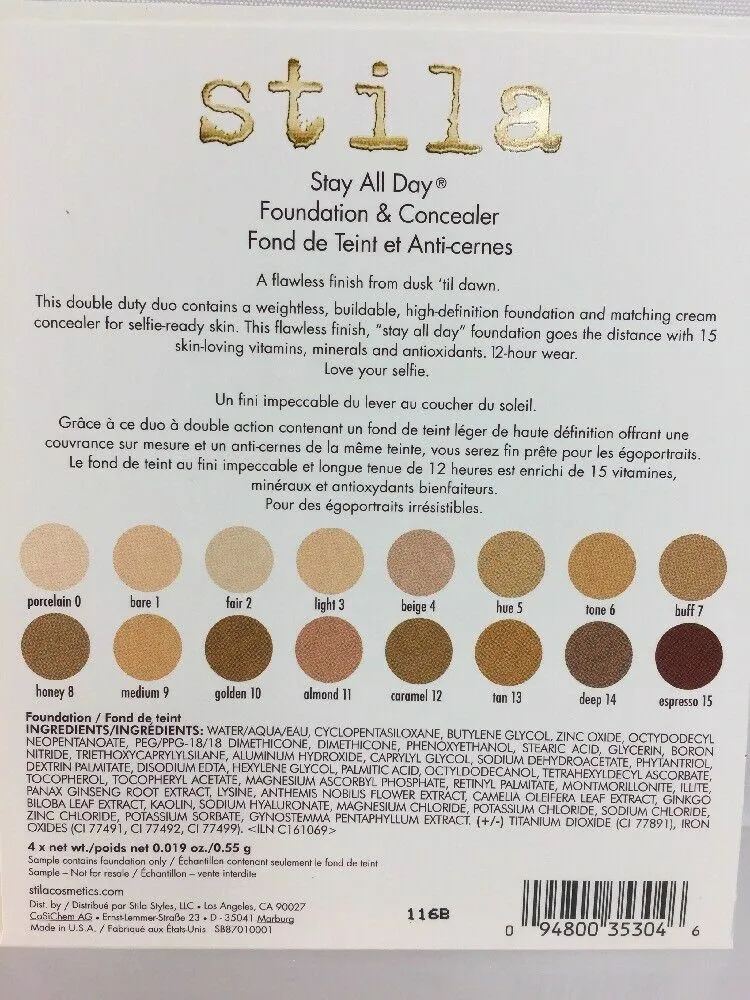 (2) stila Stay All Day Foundation Concealer Fair 2 Light 3 Buff 7 Tan 13 Samples