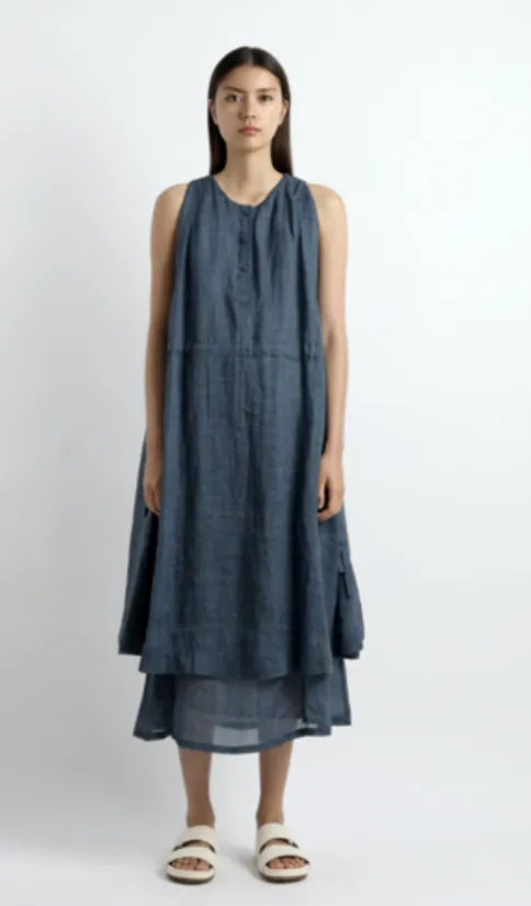 7115 by Szeki Navy Linen Summer Layered Dress