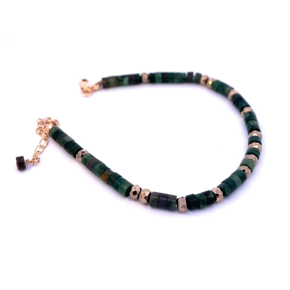 African Green Jade and Pyrite Drum Bead Bracelet 14k GF