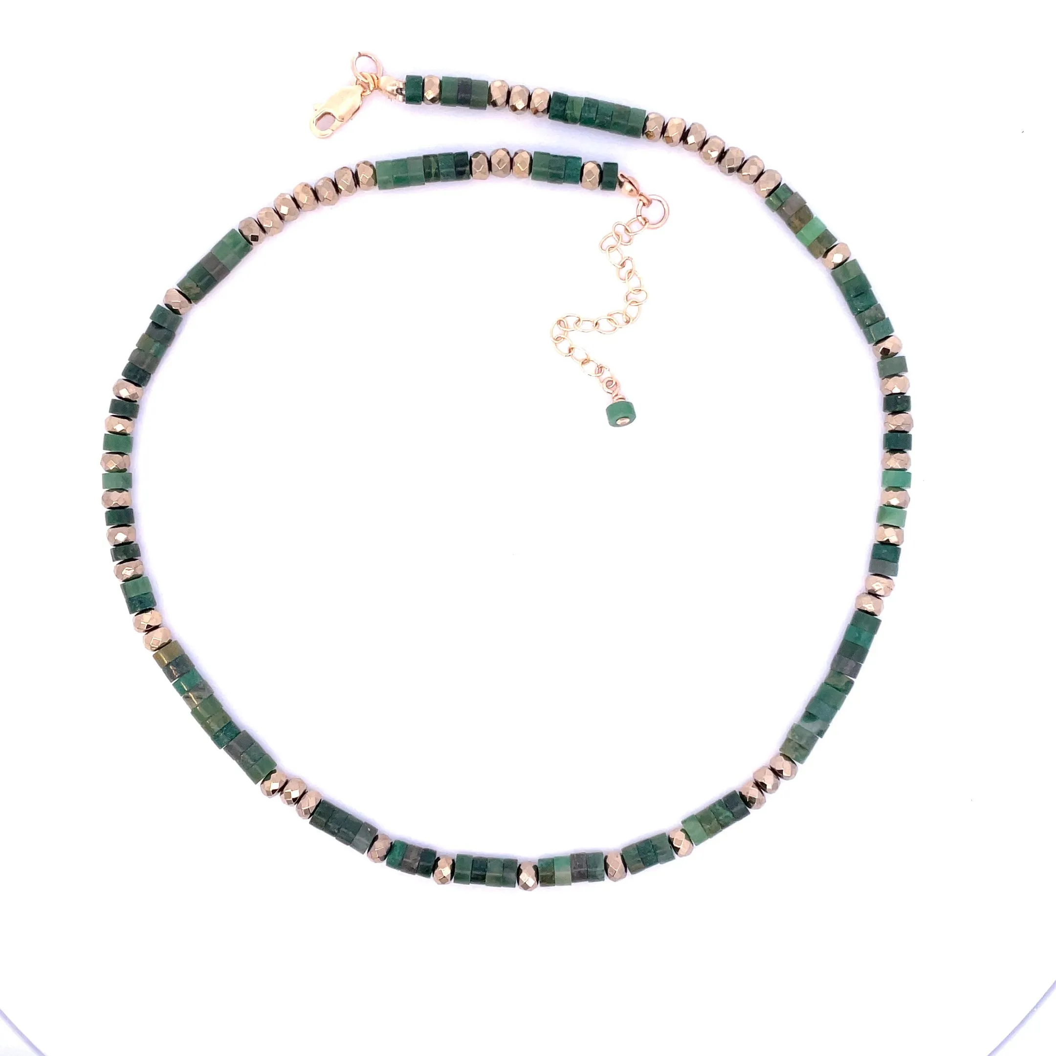 African Green Jade and Pyrite Drum Bead Choker Necklace 14k GF