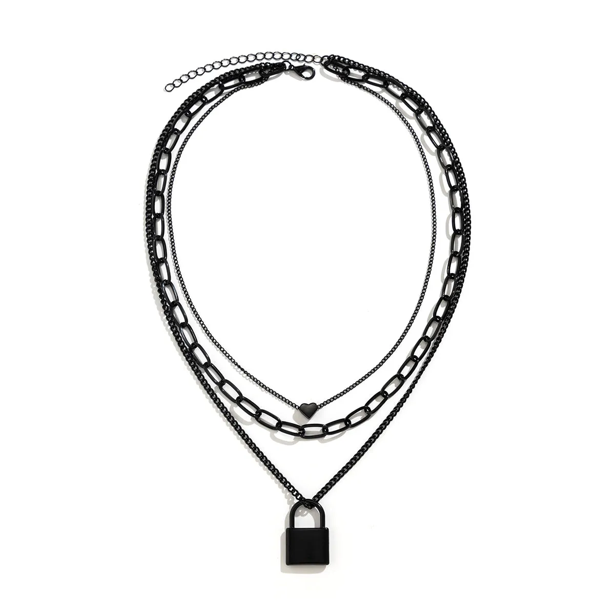 Black Heart & Lock Layered Pendant Necklace
