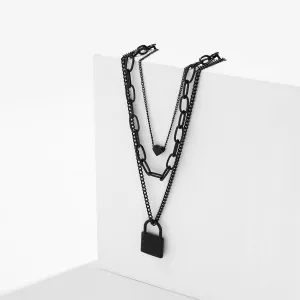 Black Heart & Lock Layered Pendant Necklace