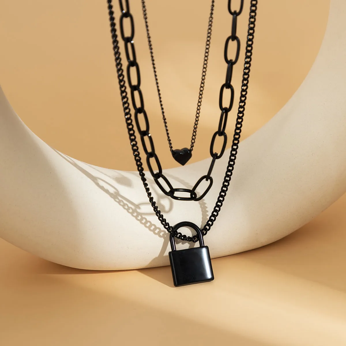 Black Heart & Lock Layered Pendant Necklace