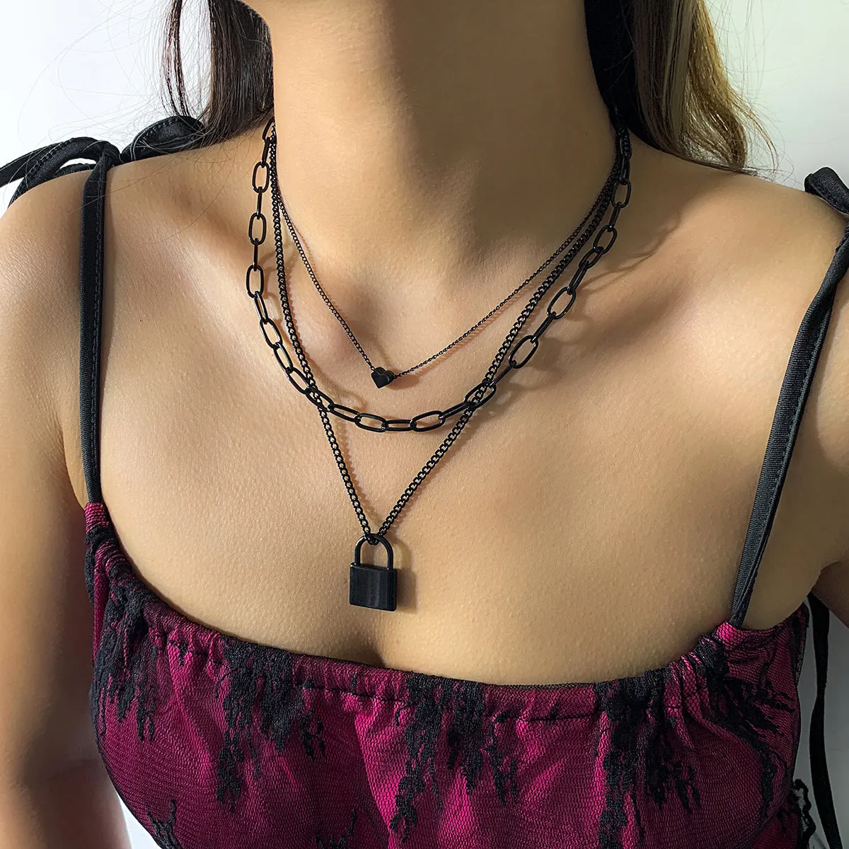 Black Heart & Lock Layered Pendant Necklace