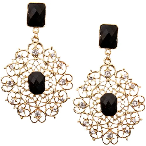 Black Rhinestone Filigree Post Earrings