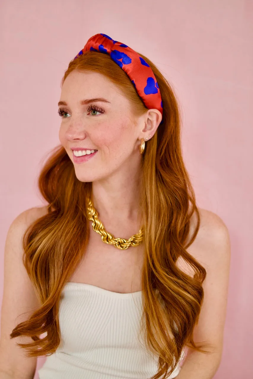Blue & Brown Leopard Print Satin Knotted Headband