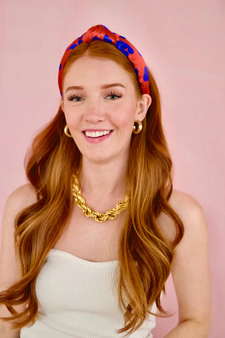 Blue & Brown Leopard Print Satin Knotted Headband