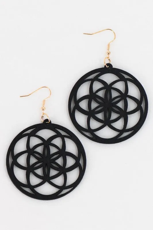 Boho Filigree Flower Round Wood Earrings