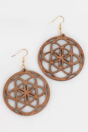 Boho Filigree Flower Round Wood Earrings