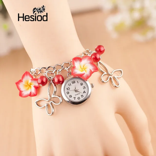 Boho Summer Fashion Women Bracelet Watch Female Clock Hand Made Clay Butterfly Flower Link Chain Wristwatches Femme Watch
