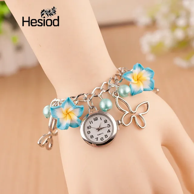 Boho Summer Fashion Women Bracelet Watch Female Clock Hand Made Clay Butterfly Flower Link Chain Wristwatches Femme Watch