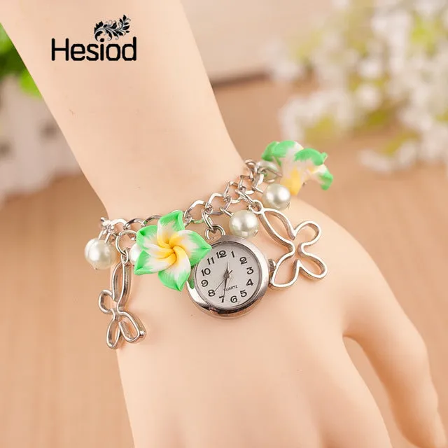 Boho Summer Fashion Women Bracelet Watch Female Clock Hand Made Clay Butterfly Flower Link Chain Wristwatches Femme Watch
