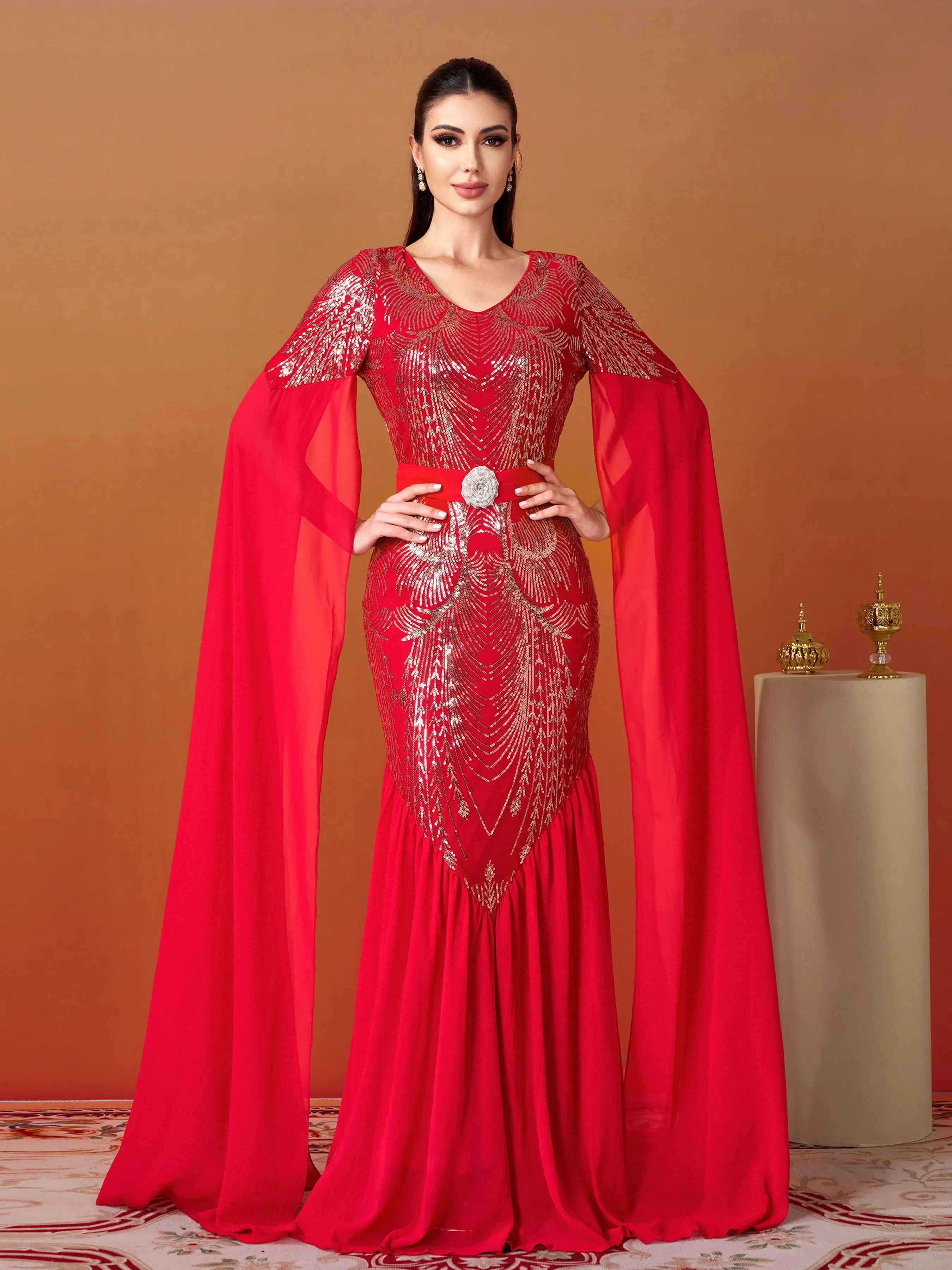 Cape Sleeve Belt Sequin Panel Dress MES00430