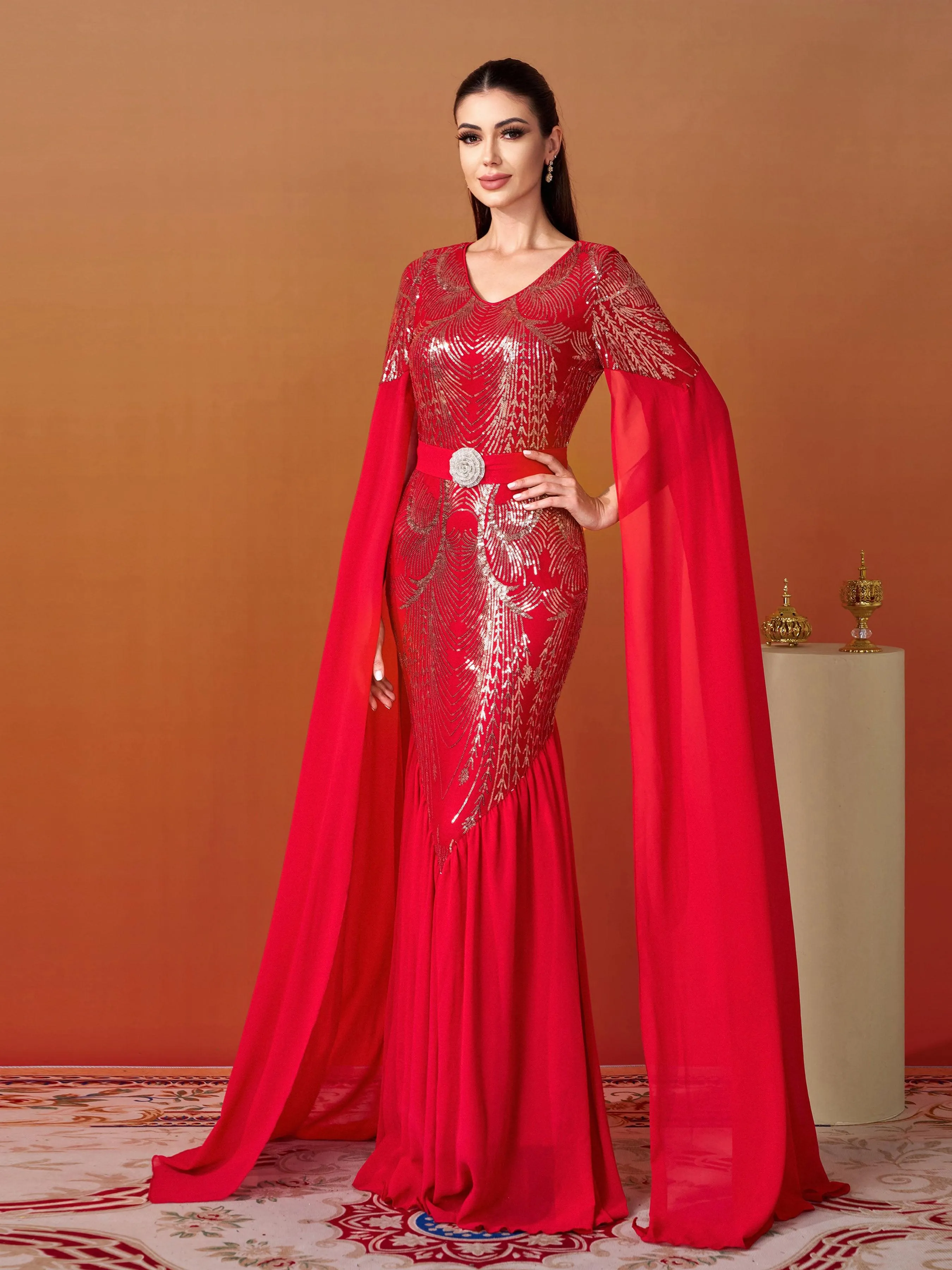 Cape Sleeve Belt Sequin Panel Dress MES00430