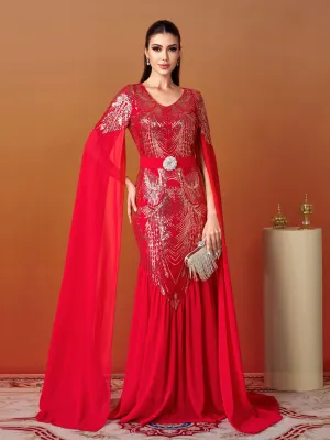 Cape Sleeve Belt Sequin Panel Dress MES00430