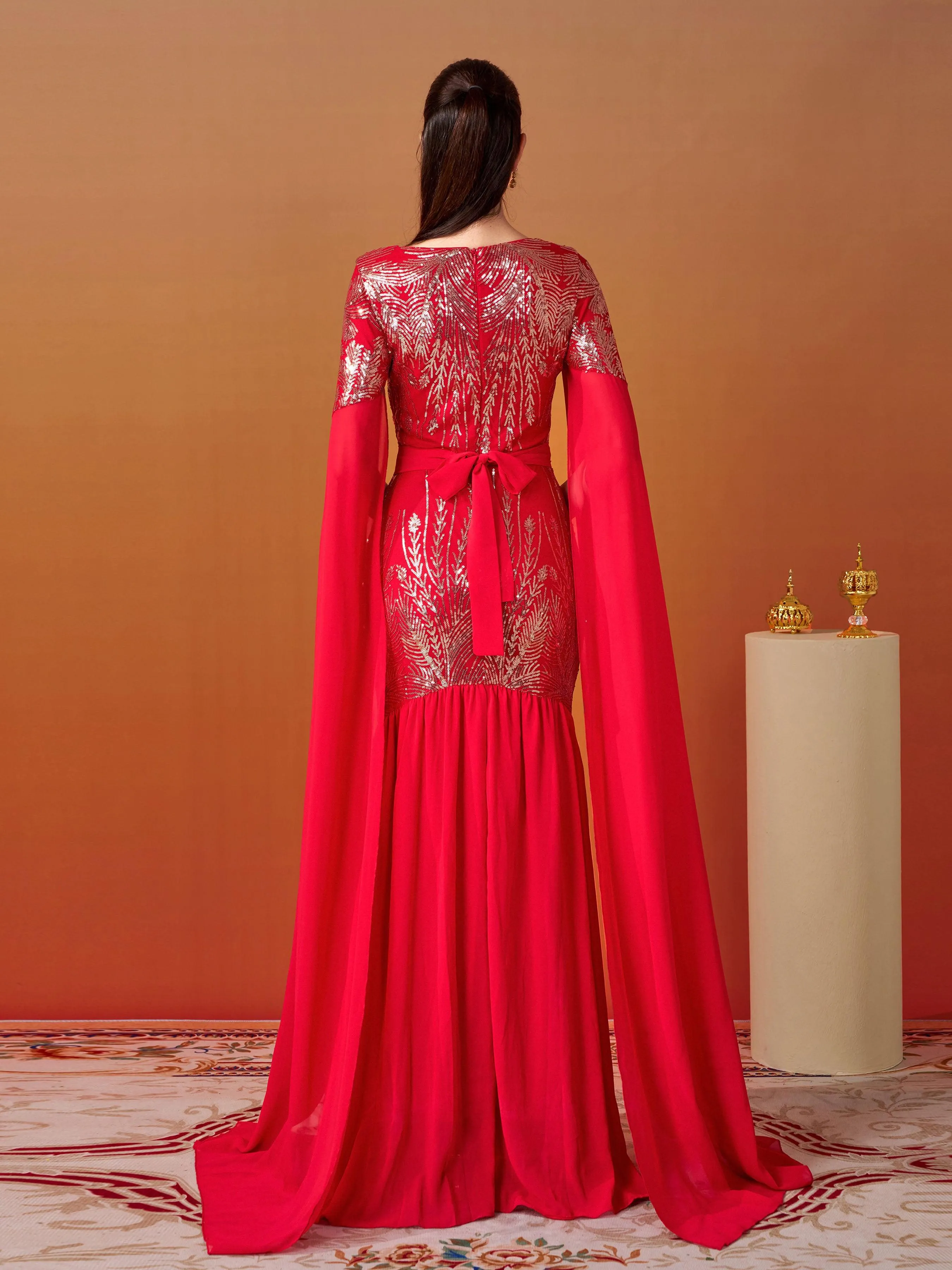 Cape Sleeve Belt Sequin Panel Dress MES00430