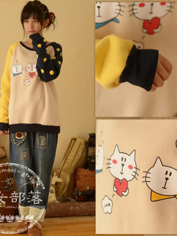 cartoon cat patchwork pullover